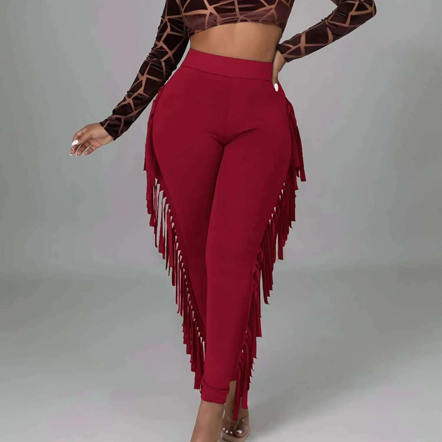 Firzero Women's Fringe Pants Casual High Waist Bodycon Side Tassel Pants Sexy Yoga Pants Long Lounge Jogger