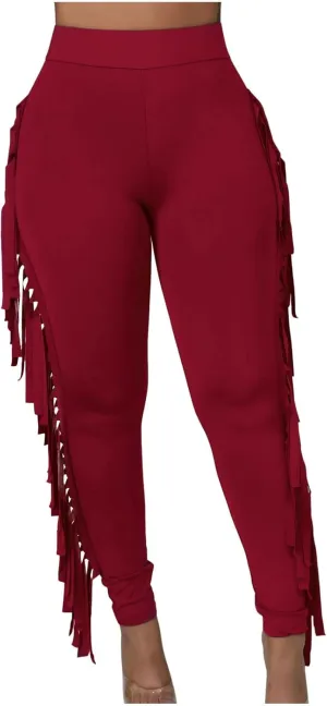 Firzero Women's Fringe Pants Casual High Waist Bodycon Side Tassel Pants Sexy Yoga Pants Long Lounge Jogger