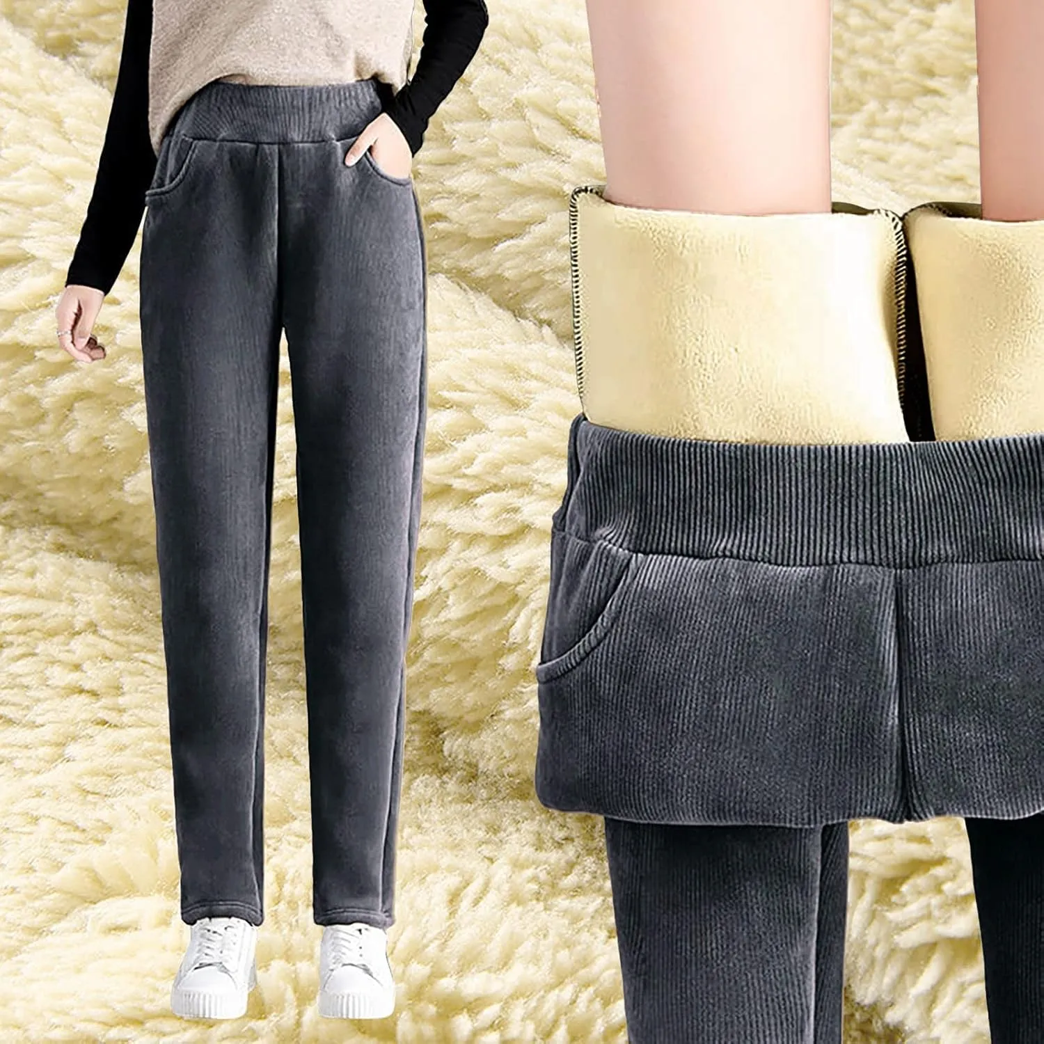 Fleece Lined Corduroy Pants for Women Winter Thermal Sweatpants Plush Sherpa High Waist Trousers Thick Jogger Pants