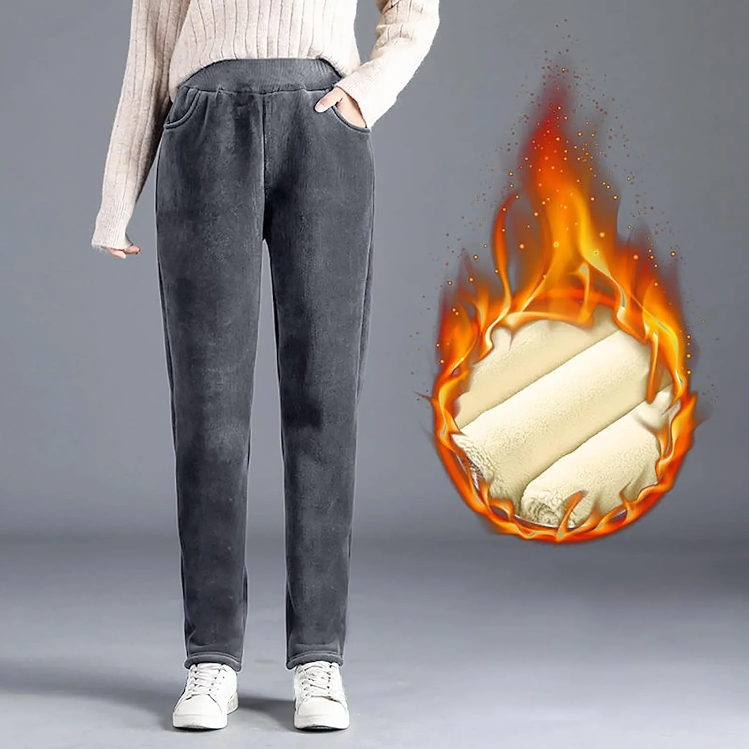Fleece Lined Corduroy Pants for Women Winter Thermal Sweatpants Plush Sherpa High Waist Trousers Thick Jogger Pants