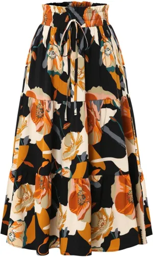 Floral Maxi Skirt for Women Summer Loose Tiered Elastic High Waisted Skirts Vacation A-Line Flowy Swing Long Skirts