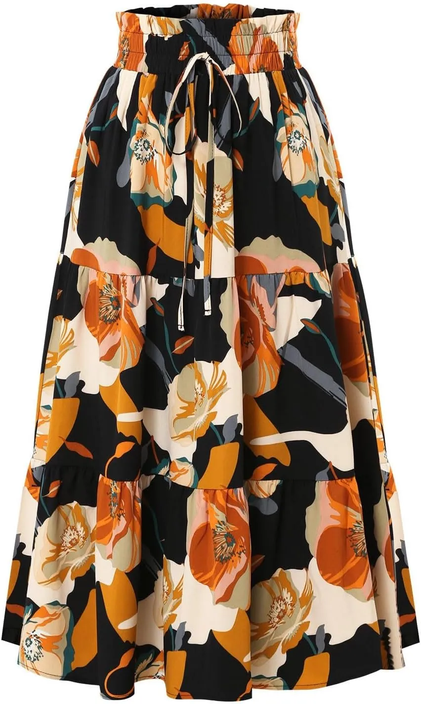 Floral Maxi Skirt for Women Summer Loose Tiered Elastic High Waisted Skirts Vacation A-Line Flowy Swing Long Skirts