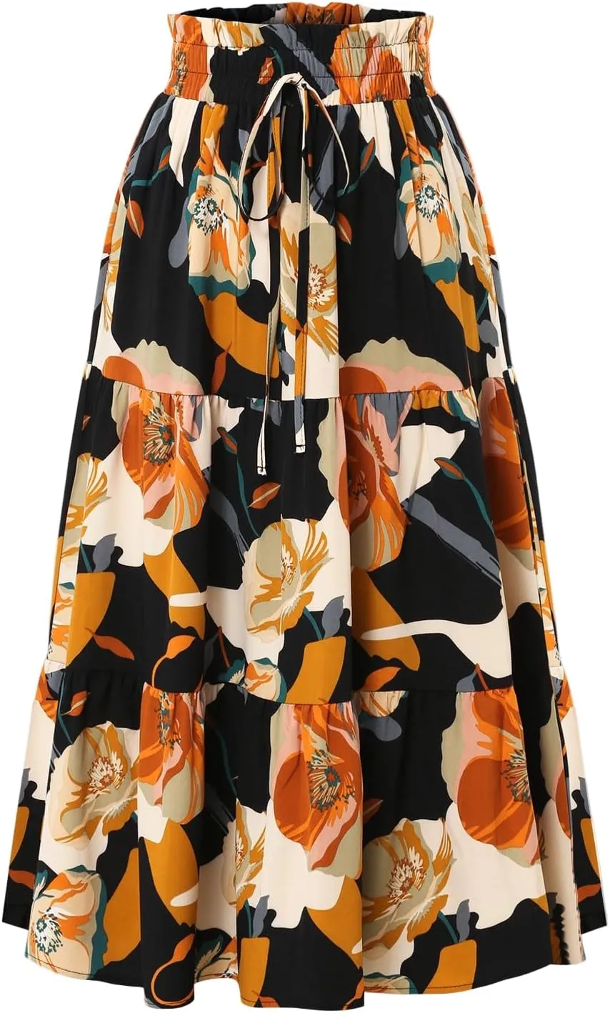 Floral Maxi Skirt for Women Summer Loose Tiered Elastic High Waisted Skirts Vacation A-Line Flowy Swing Long Skirts