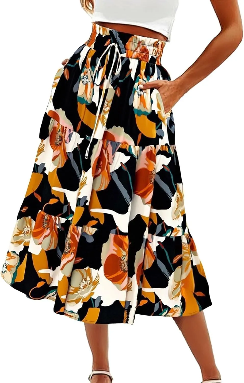 Floral Maxi Skirt for Women Summer Loose Tiered Elastic High Waisted Skirts Vacation A-Line Flowy Swing Long Skirts
