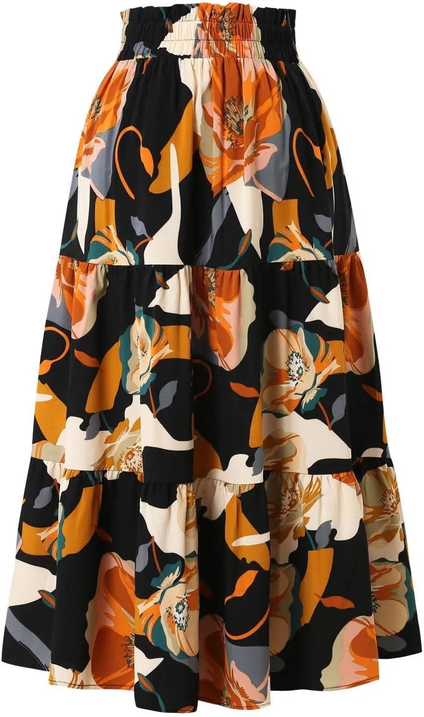 Floral Maxi Skirt for Women Summer Loose Tiered Elastic High Waisted Skirts Vacation A-Line Flowy Swing Long Skirts