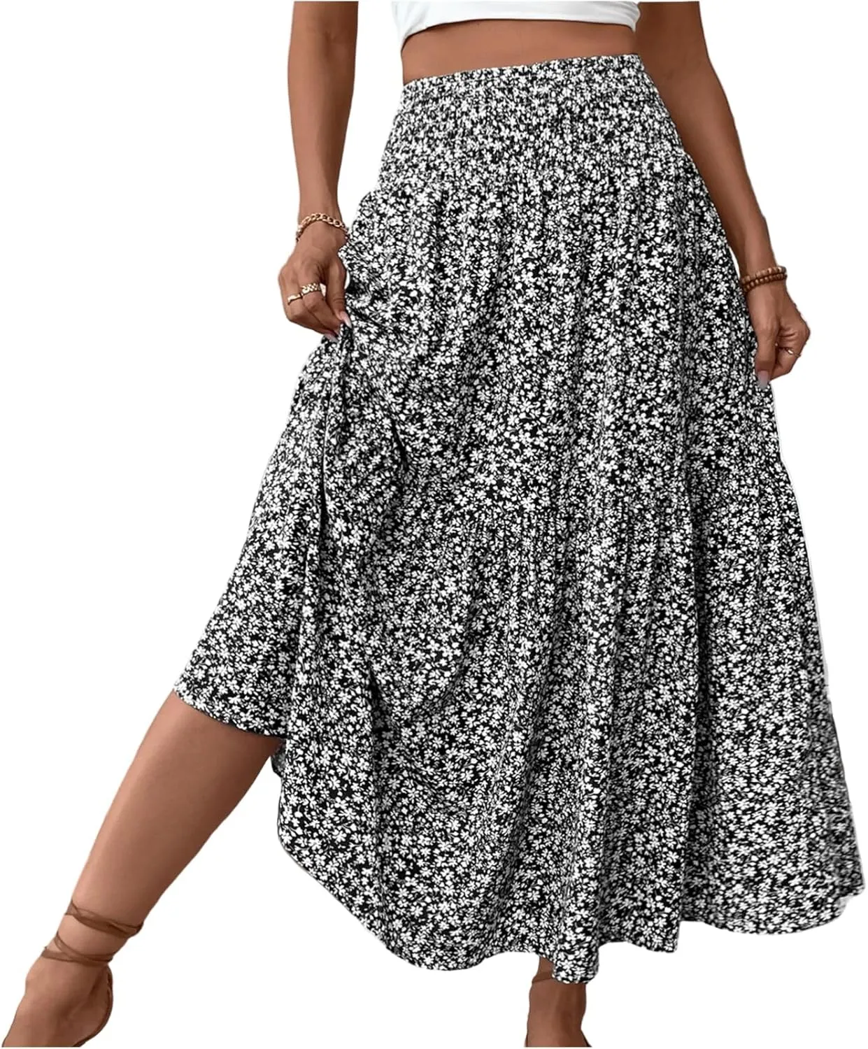 Floral Maxi Skirts for Women Trendy Summer High Waisted Long Skirts Elastic Waist Boho Beach A Line Skirt Cover Up
