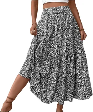 Floral Maxi Skirts for Women Trendy Summer High Waisted Long Skirts Elastic Waist Boho Beach A Line Skirt Cover Up