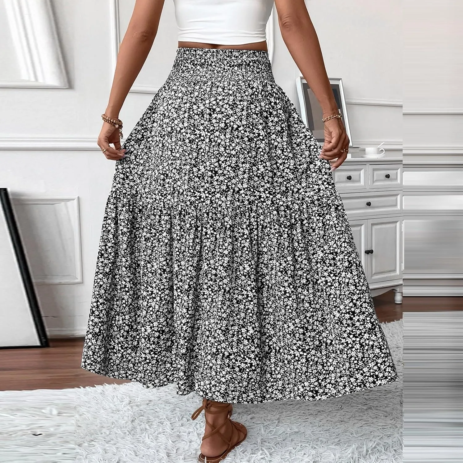 Floral Maxi Skirts for Women Trendy Summer High Waisted Long Skirts Elastic Waist Boho Beach A Line Skirt Cover Up