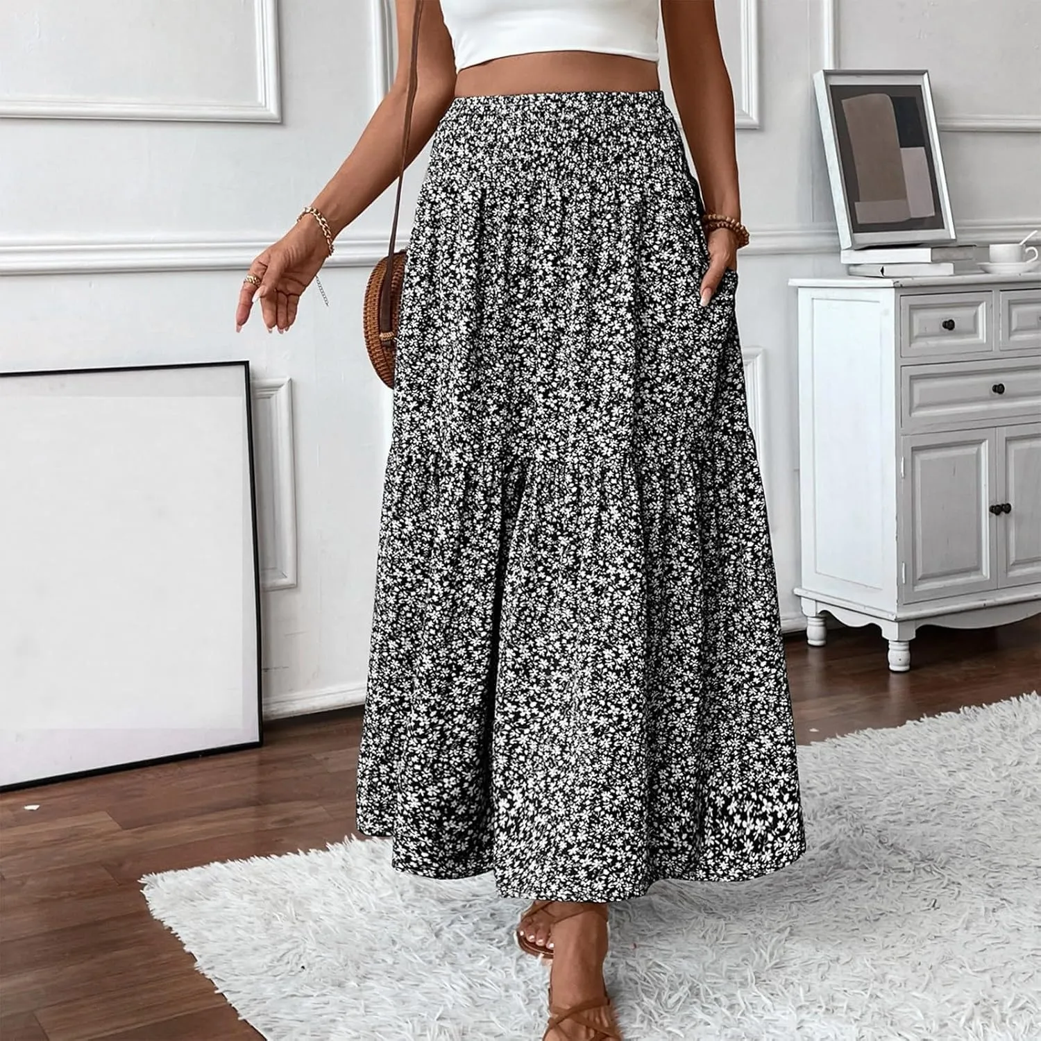 Floral Maxi Skirts for Women Trendy Summer High Waisted Long Skirts Elastic Waist Boho Beach A Line Skirt Cover Up