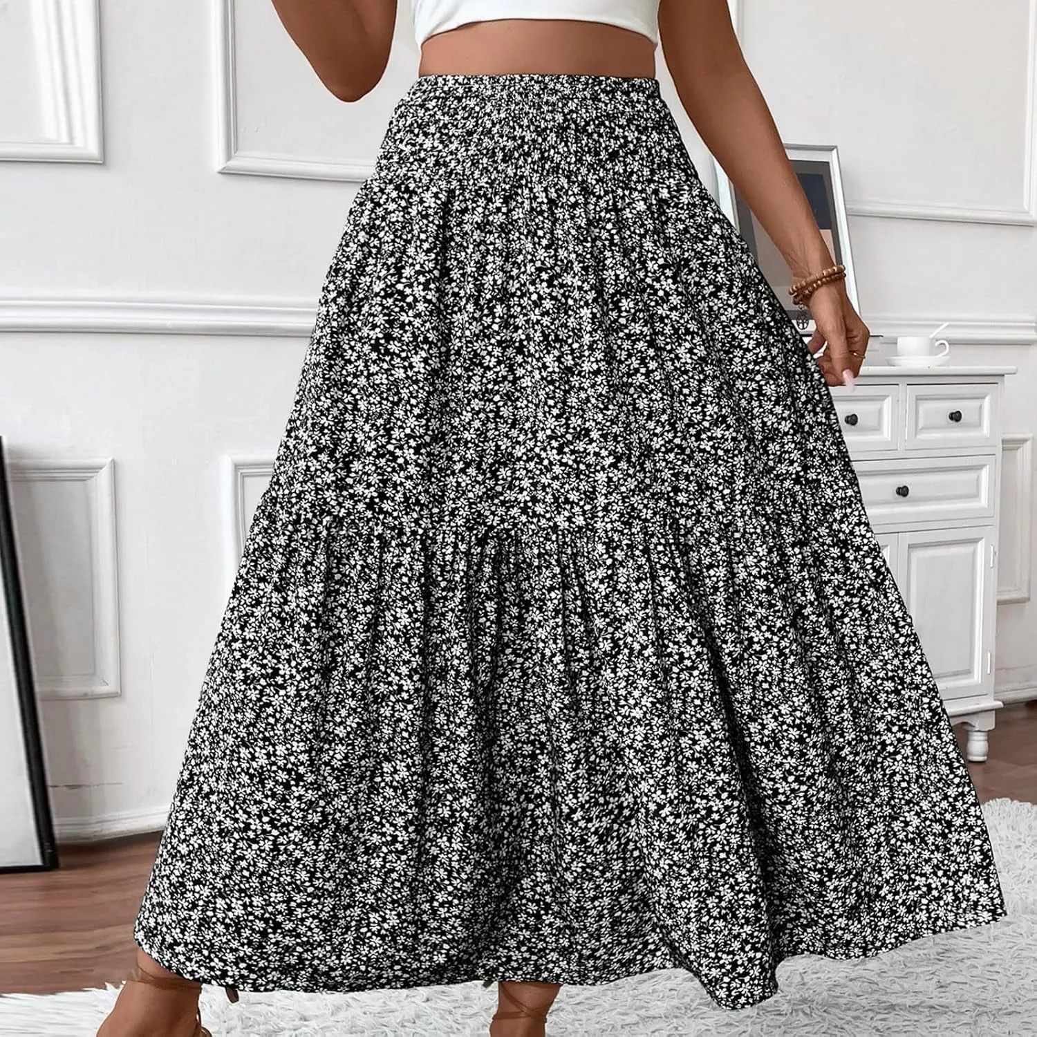 Floral Maxi Skirts for Women Trendy Summer High Waisted Long Skirts Elastic Waist Boho Beach A Line Skirt Cover Up
