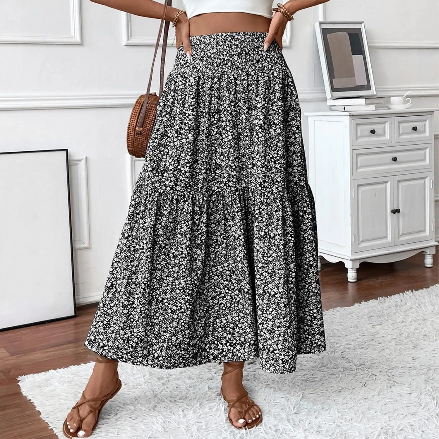 Floral Maxi Skirts for Women Trendy Summer High Waisted Long Skirts Elastic Waist Boho Beach A Line Skirt Cover Up