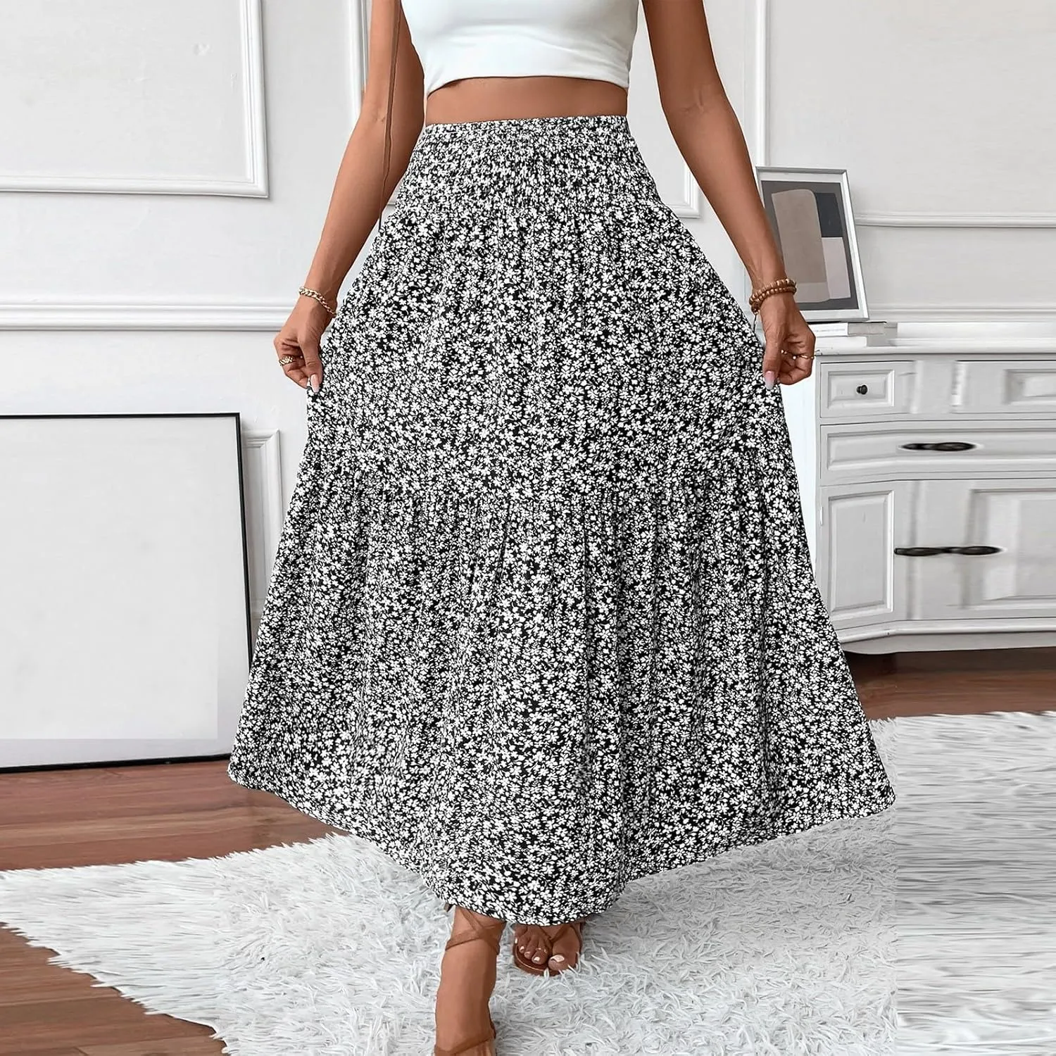 Floral Maxi Skirts for Women Trendy Summer High Waisted Long Skirts Elastic Waist Boho Beach A Line Skirt Cover Up