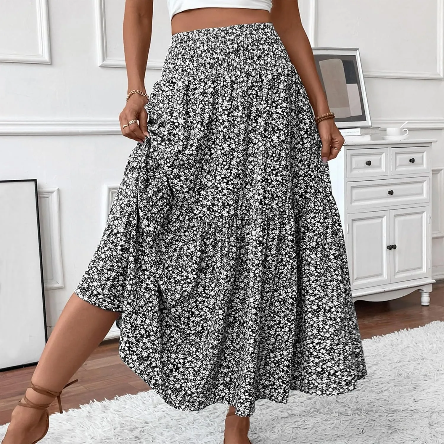 Floral Maxi Skirts for Women Trendy Summer High Waisted Long Skirts Elastic Waist Boho Beach A Line Skirt Cover Up