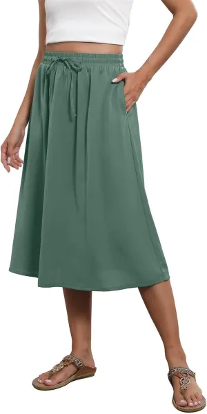Floral Skirts for Women Trendy Midi Skirt Casual Summer Drawstring Elastic Waist Flowy Skirt Beach A Line Skirt
