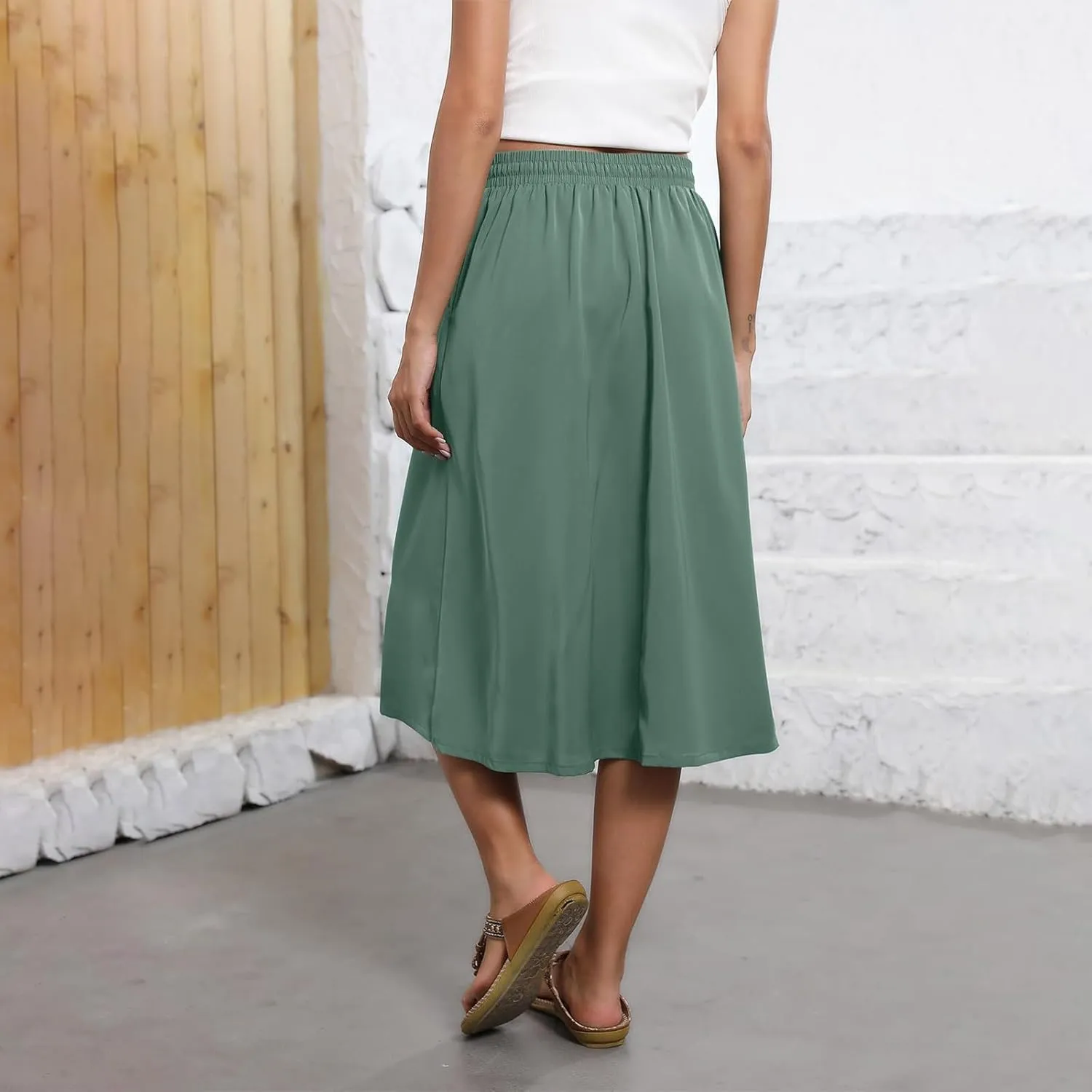 Floral Skirts for Women Trendy Midi Skirt Casual Summer Drawstring Elastic Waist Flowy Skirt Beach A Line Skirt