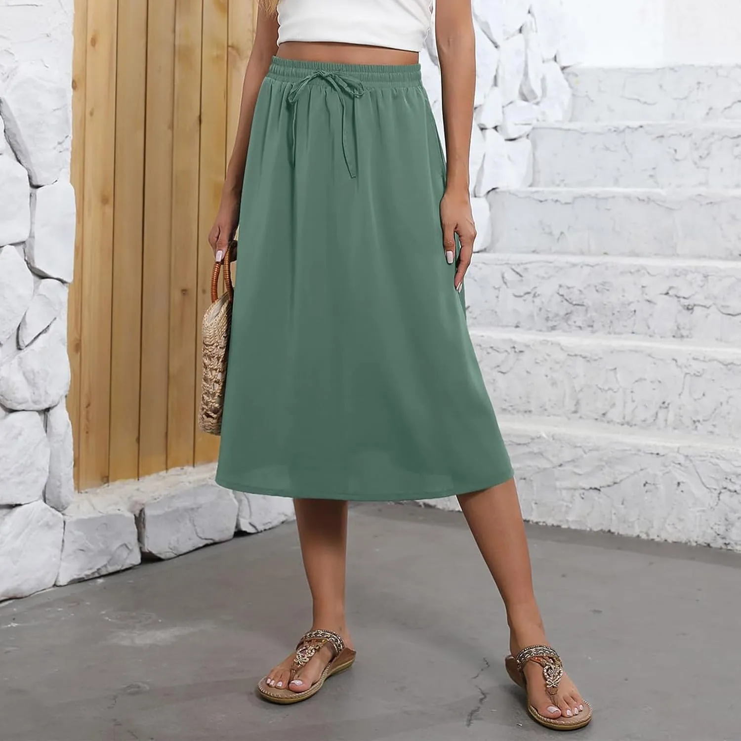 Floral Skirts for Women Trendy Midi Skirt Casual Summer Drawstring Elastic Waist Flowy Skirt Beach A Line Skirt