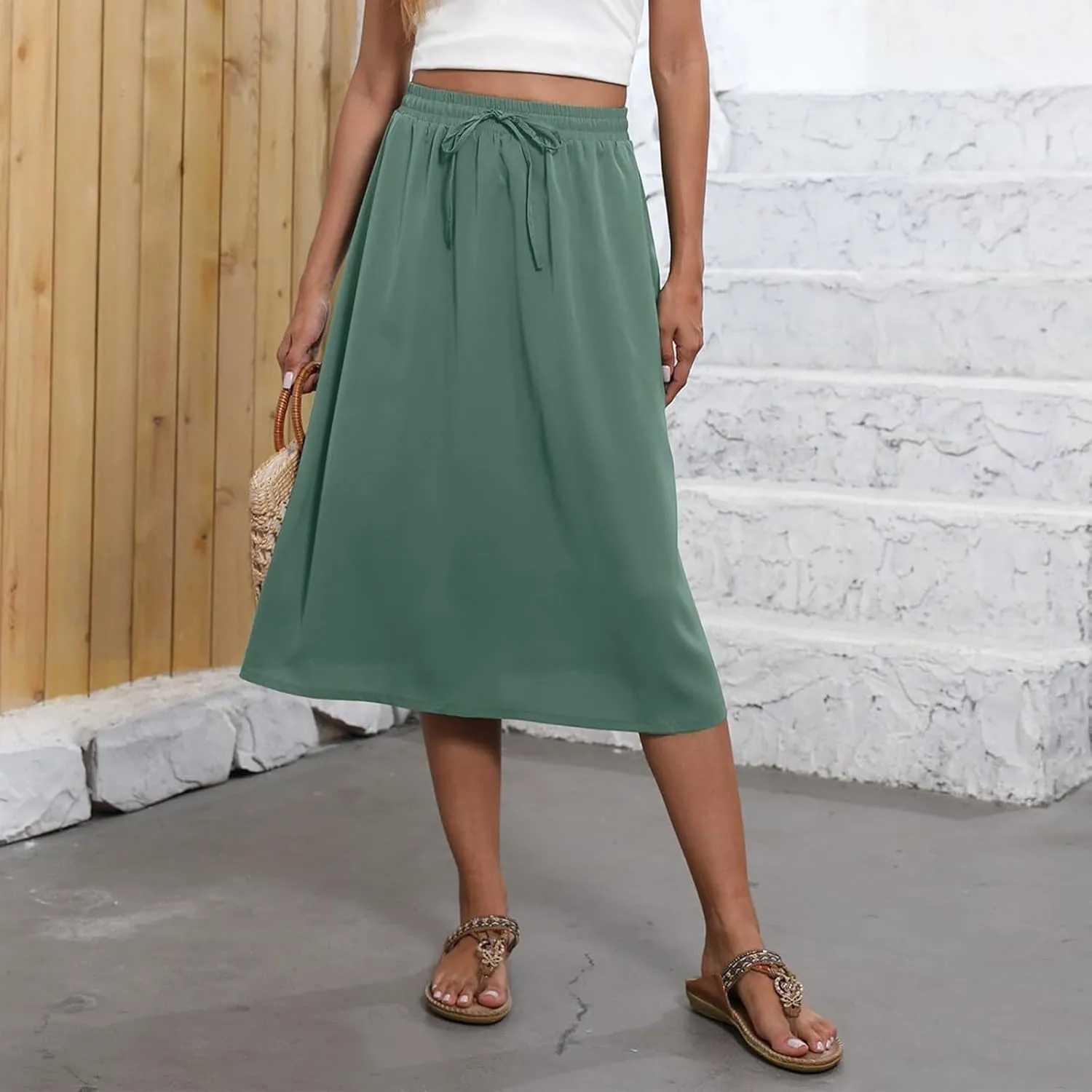 Floral Skirts for Women Trendy Midi Skirt Casual Summer Drawstring Elastic Waist Flowy Skirt Beach A Line Skirt