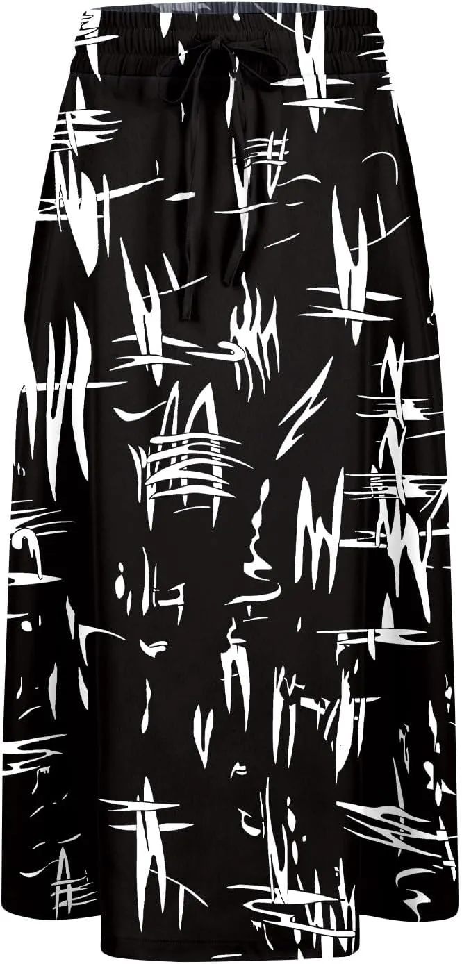 Floral Skirts for Women Trendy Midi Skirt Casual Summer Drawstring Elastic Waist Flowy Skirt Beach A Line Skirt