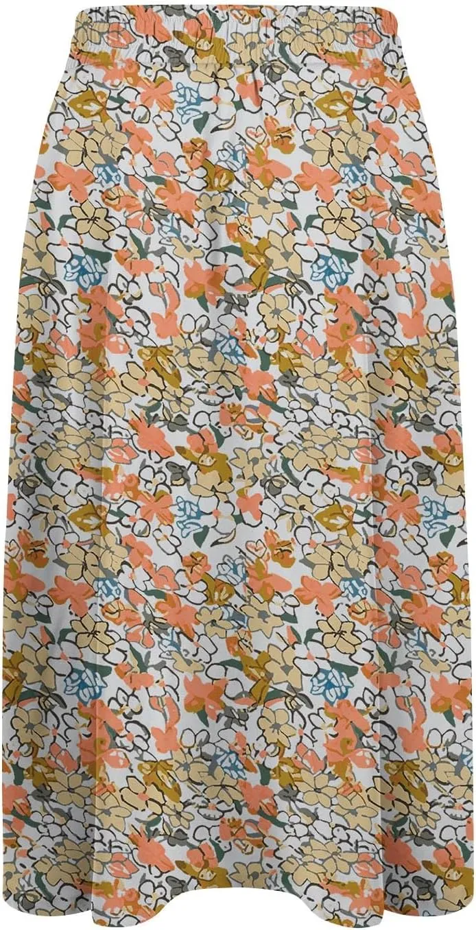 Floral Skirts for Women Trendy Midi Skirt Casual Summer Drawstring Elastic Waist Flowy Skirt Beach A Line Skirt