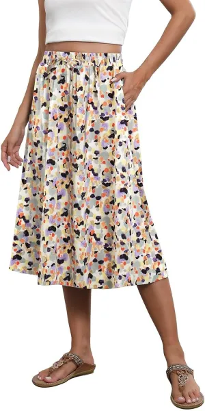 Floral Skirts for Women Trendy Midi Skirt Casual Summer Drawstring Elastic Waist Flowy Skirt Beach A Line Skirt