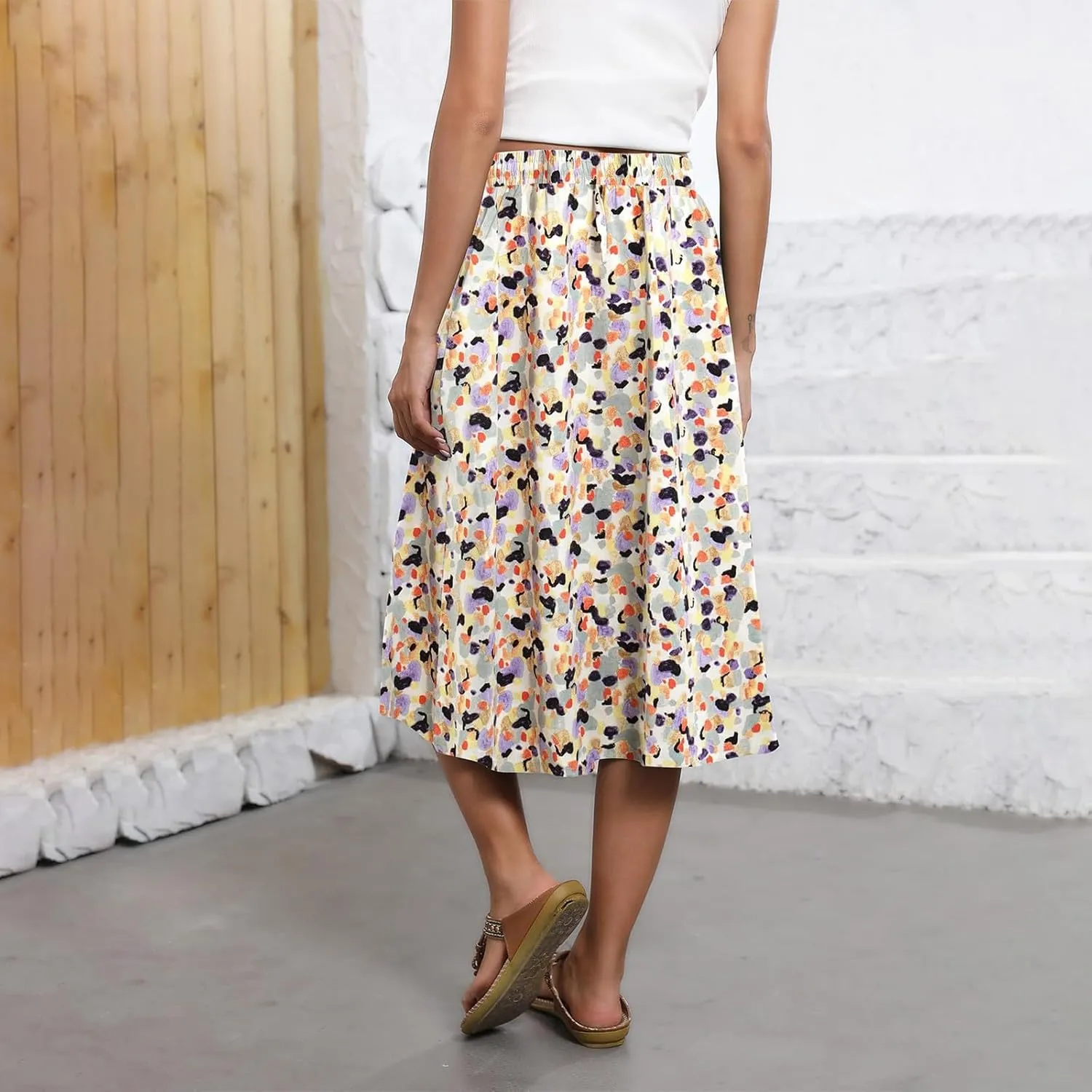 Floral Skirts for Women Trendy Midi Skirt Casual Summer Drawstring Elastic Waist Flowy Skirt Beach A Line Skirt