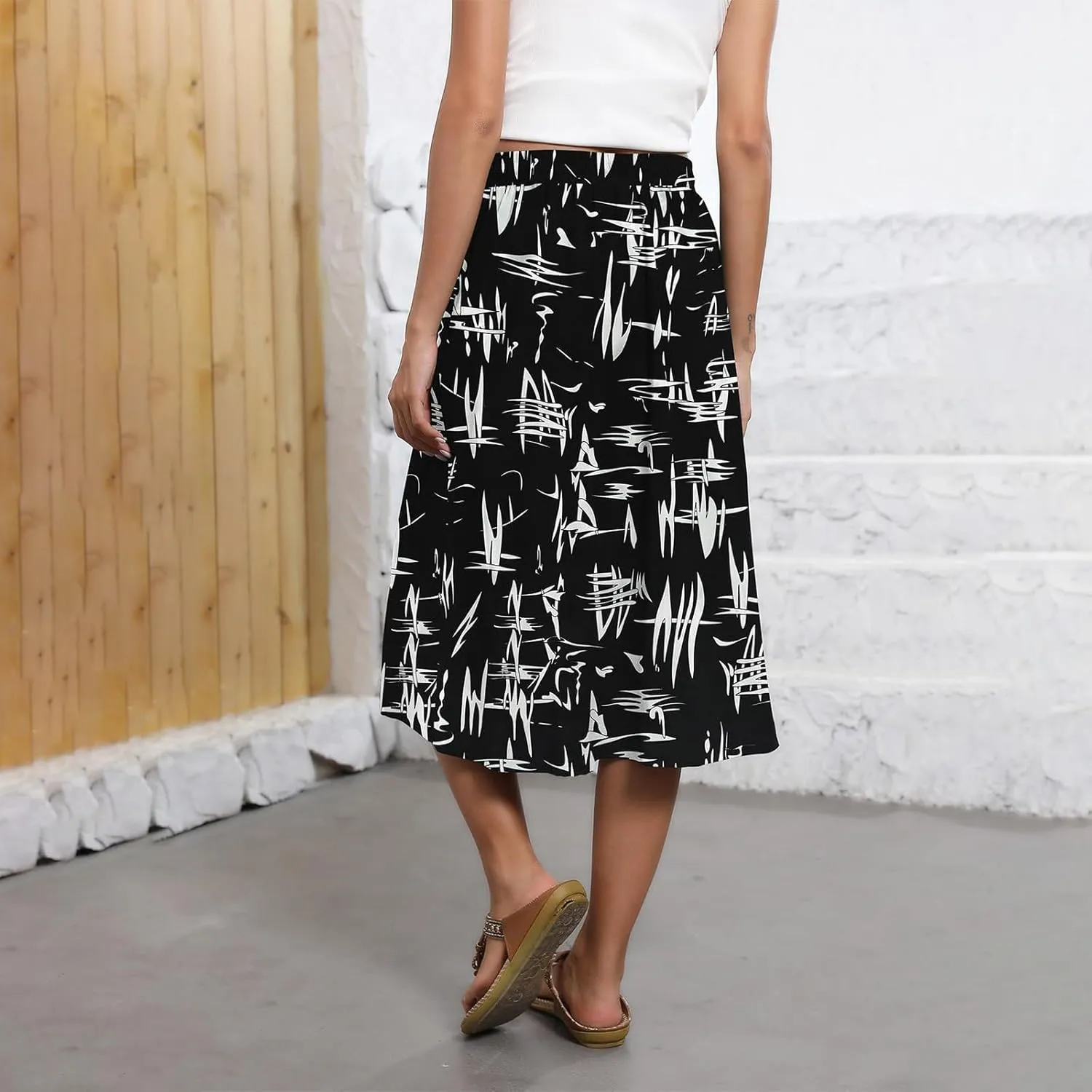 Floral Skirts for Women Trendy Midi Skirt Casual Summer Drawstring Elastic Waist Flowy Skirt Beach A Line Skirt