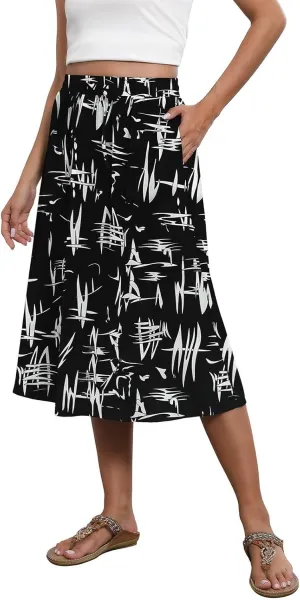 Floral Skirts for Women Trendy Midi Skirt Casual Summer Drawstring Elastic Waist Flowy Skirt Beach A Line Skirt
