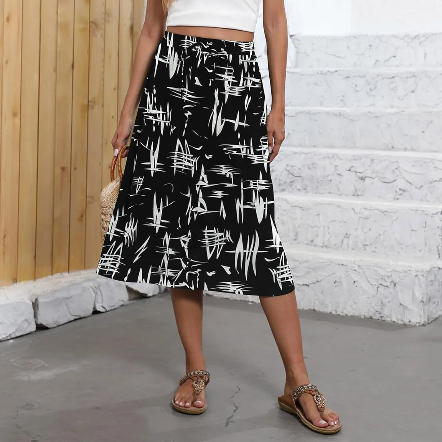 Floral Skirts for Women Trendy Midi Skirt Casual Summer Drawstring Elastic Waist Flowy Skirt Beach A Line Skirt