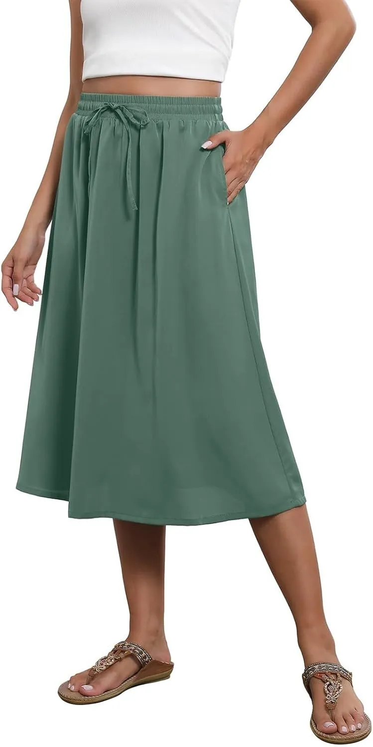 Floral Skirts for Women Trendy Midi Skirt Casual Summer Drawstring Elastic Waist Flowy Skirt Beach A Line Skirt