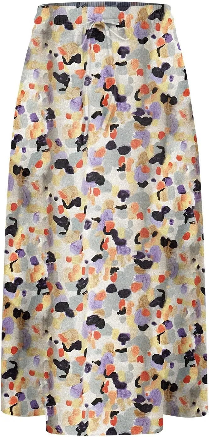 Floral Skirts for Women Trendy Midi Skirt Casual Summer Drawstring Elastic Waist Flowy Skirt Beach A Line Skirt