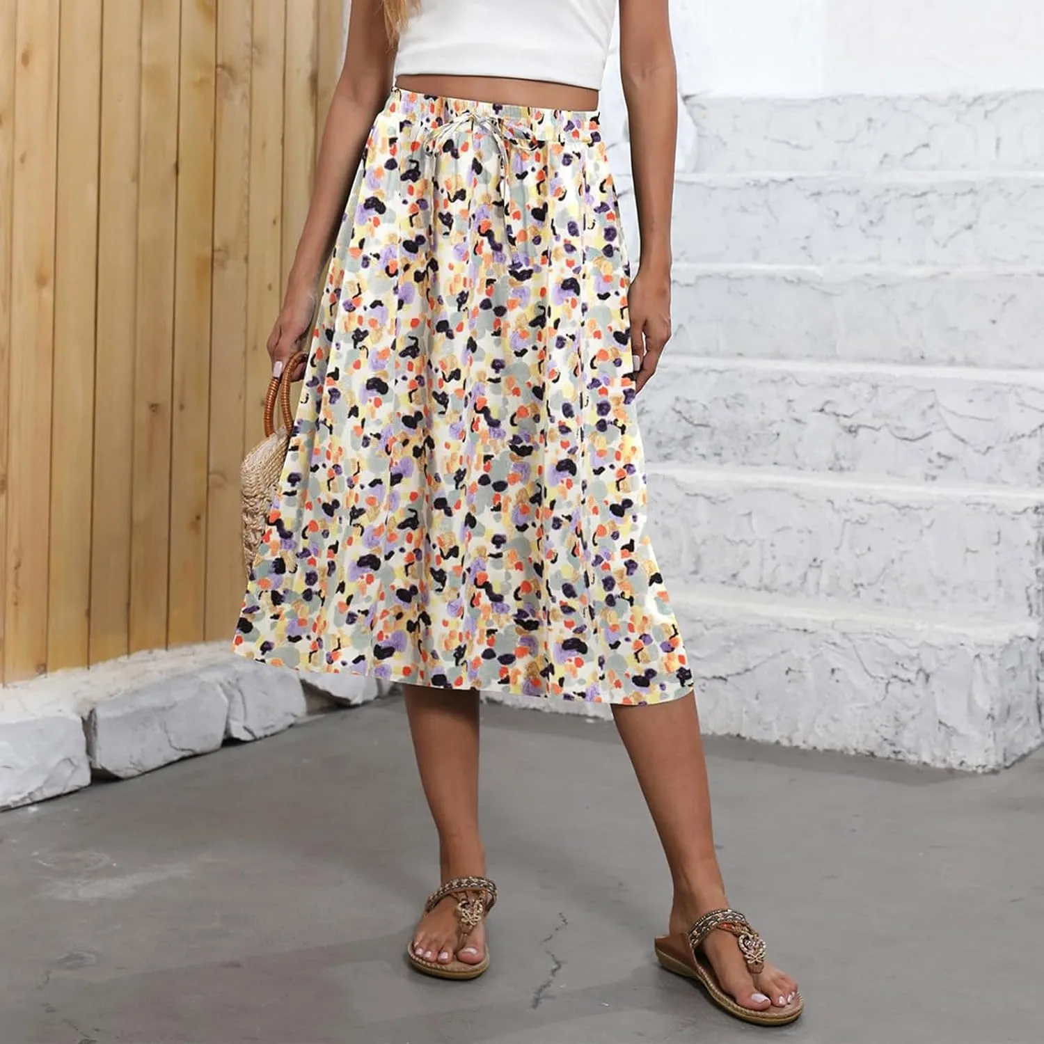 Floral Skirts for Women Trendy Midi Skirt Casual Summer Drawstring Elastic Waist Flowy Skirt Beach A Line Skirt
