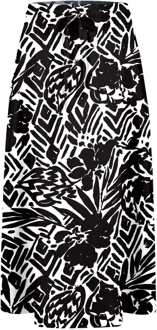 Floral Skirts for Women Trendy Midi Skirt Casual Summer Drawstring Elastic Waist Flowy Skirt Beach A Line Skirt