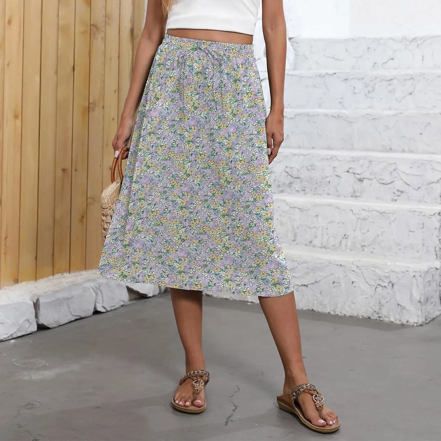 Floral Skirts for Women Trendy Midi Skirt Casual Summer Drawstring Elastic Waist Flowy Skirt Beach A Line Skirt