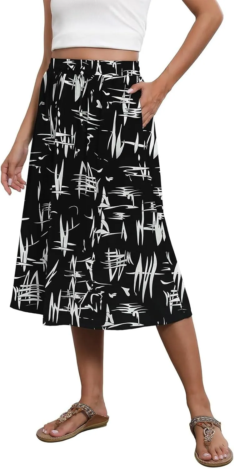 Flowy Skirts for Women Trendy Floral Skirt Casual Summer Drawstring Elastic Waist Boho Skirt Swing A Line Skirt