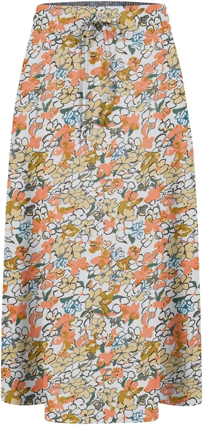 Flowy Skirts for Women Trendy Floral Skirt Casual Summer Drawstring Elastic Waist Boho Skirt Swing A Line Skirt