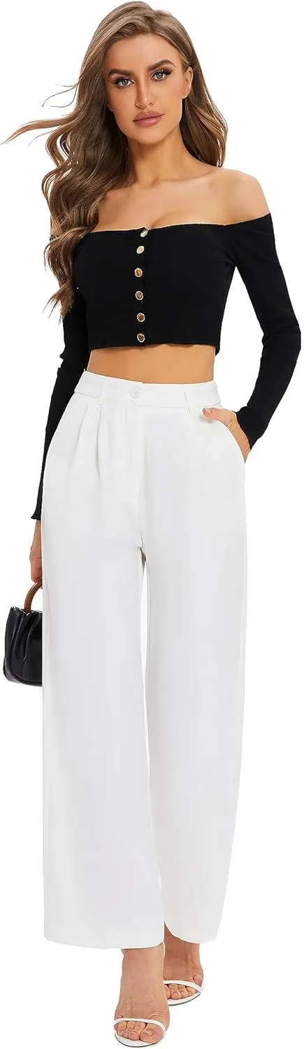 FUNYYZO Fall Women Wide Leg Pants High Elastic Waisted in The Back Business Work Trousers Long Straight Suit Pants_