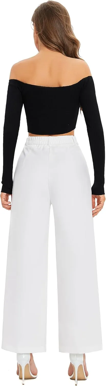 FUNYYZO Fall Women Wide Leg Pants High Elastic Waisted in The Back Business Work Trousers Long Straight Suit Pants_