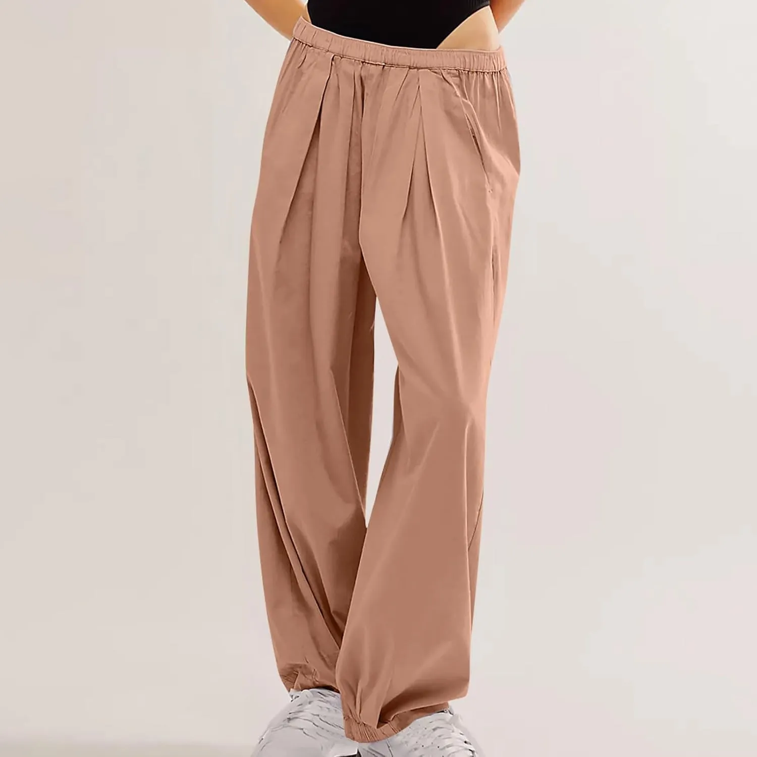 Generic Womens Linen Pants, Comfy Elastic High Waist Palazzo Pants with Pockets, Casual Loose Wide Leg Cotton Trousers