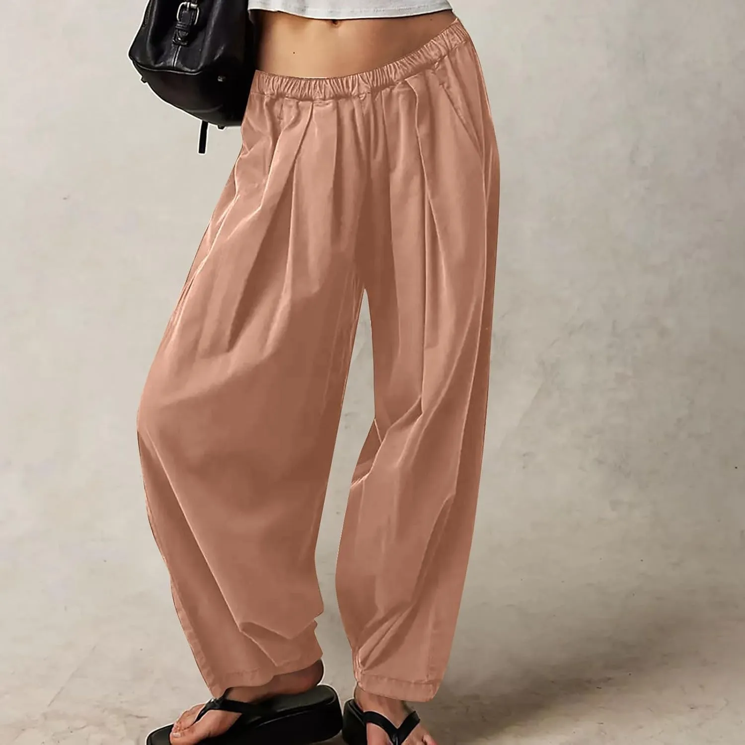 Generic Womens Linen Pants, Comfy Elastic High Waist Palazzo Pants with Pockets, Casual Loose Wide Leg Cotton Trousers