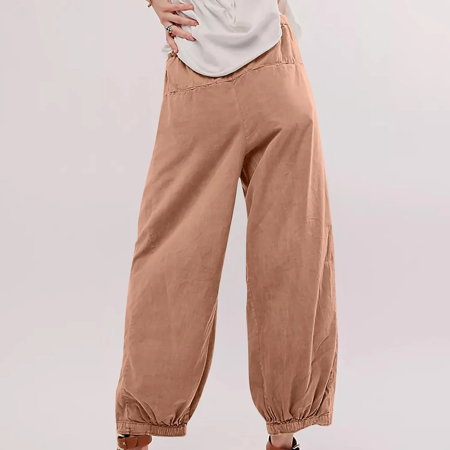 Generic Womens Linen Pants, Comfy Elastic High Waist Palazzo Pants with Pockets, Casual Loose Wide Leg Cotton Trousers
