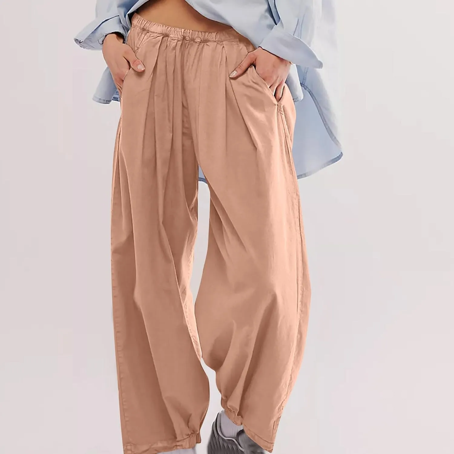 Generic Womens Linen Pants, Comfy Elastic High Waist Palazzo Pants with Pockets, Casual Loose Wide Leg Cotton Trousers
