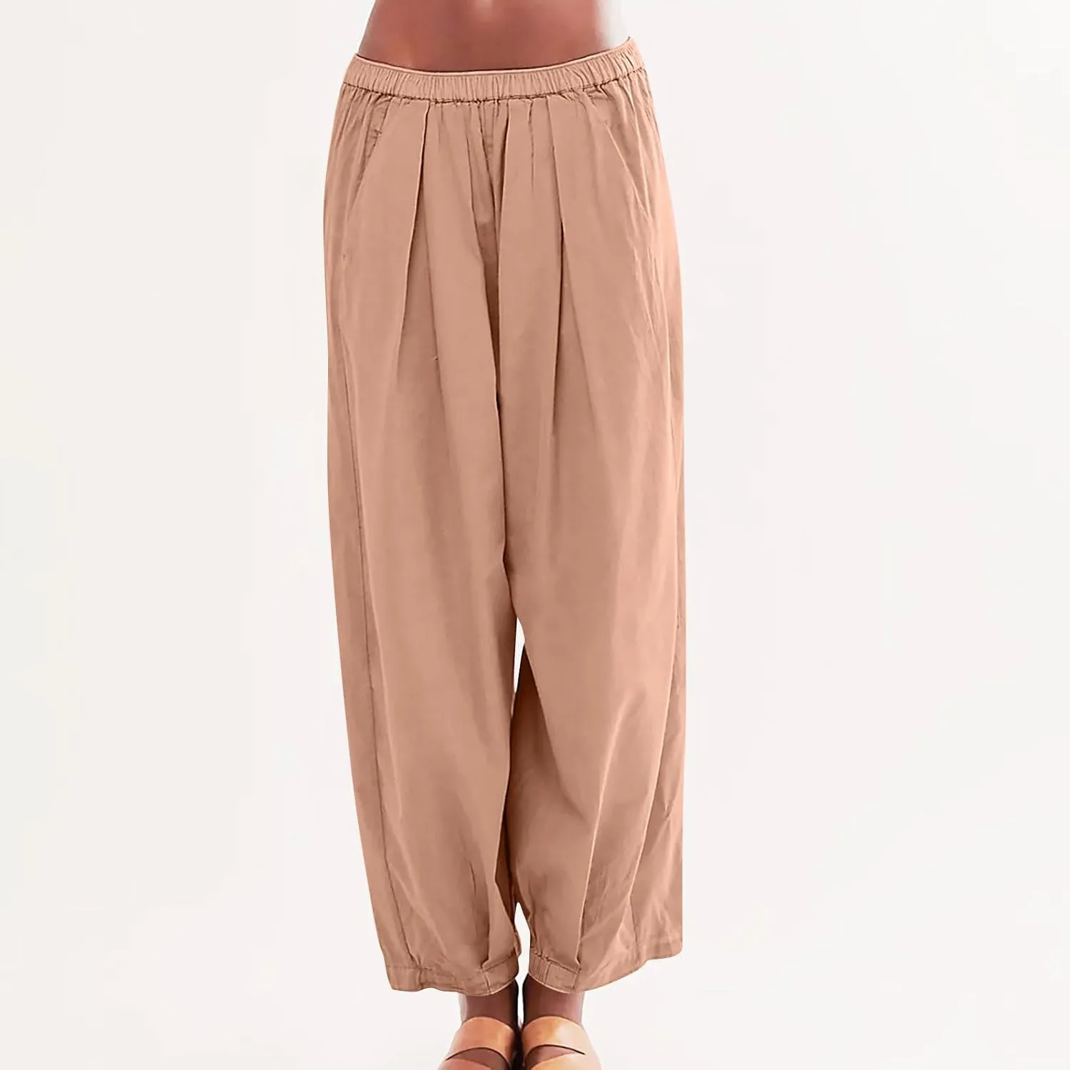 Generic Womens Linen Pants, Comfy Elastic High Waist Palazzo Pants with Pockets, Casual Loose Wide Leg Cotton Trousers