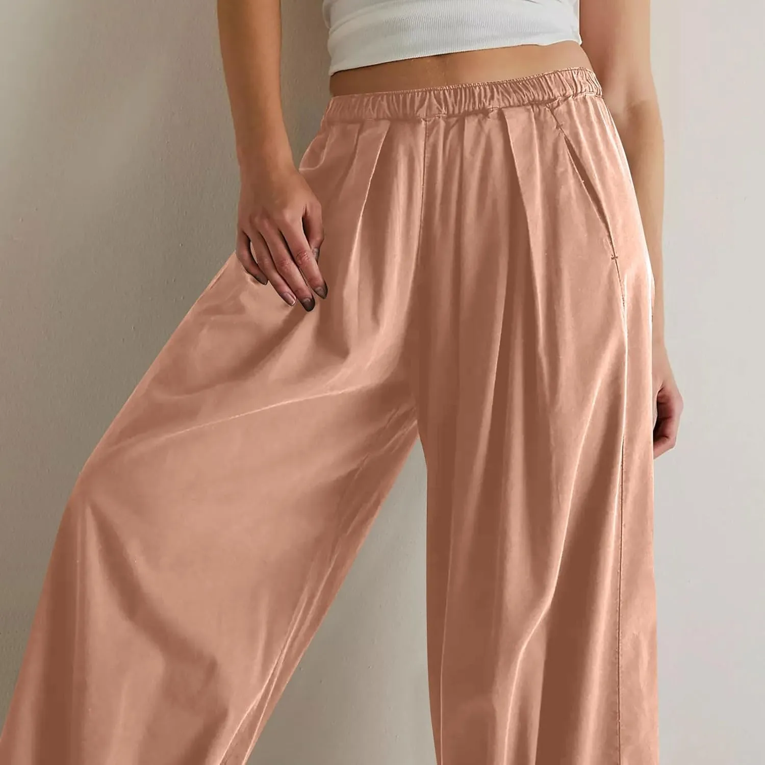 Generic Womens Linen Pants, Comfy Elastic High Waist Palazzo Pants with Pockets, Casual Loose Wide Leg Cotton Trousers
