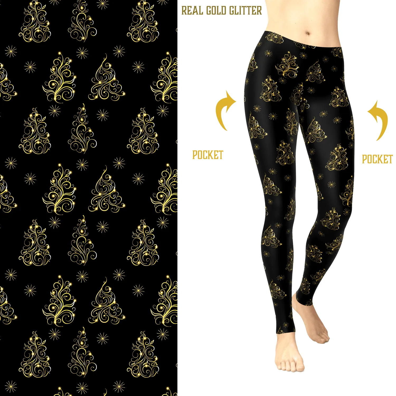 Golden Christmas Glitter Tree Leggings Holiday Trees with and Pockets
