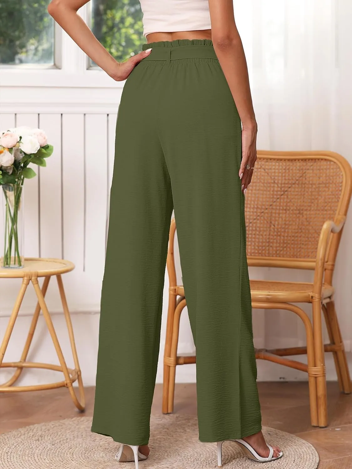 Heymoments Women's Wide Leg Lounge Pants with Pockets Lightweight High Waisted Palazzo Adjustable Tie Knot Flowy Trousers