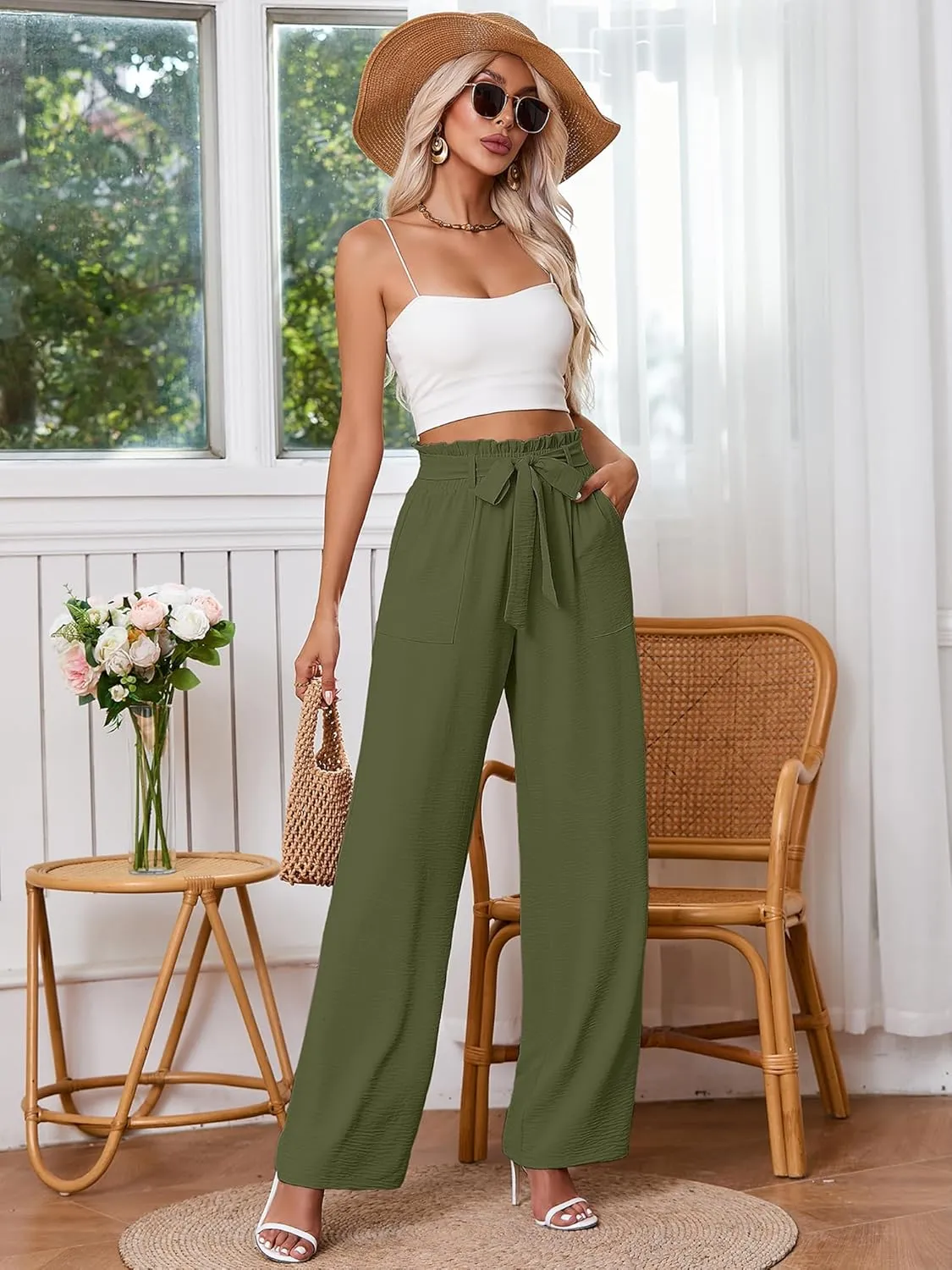 Heymoments Women's Wide Leg Lounge Pants with Pockets Lightweight High Waisted Palazzo Adjustable Tie Knot Flowy Trousers