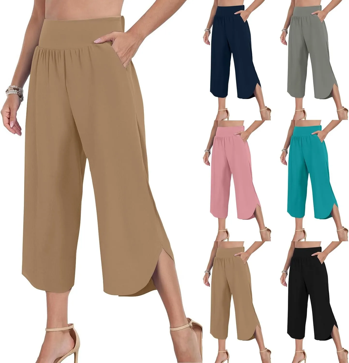 High Waist Capri Pants for Women Wide Leg Flowy Cropped Trousers Slim Fit Slit Hem Capris Casual Summer Crop