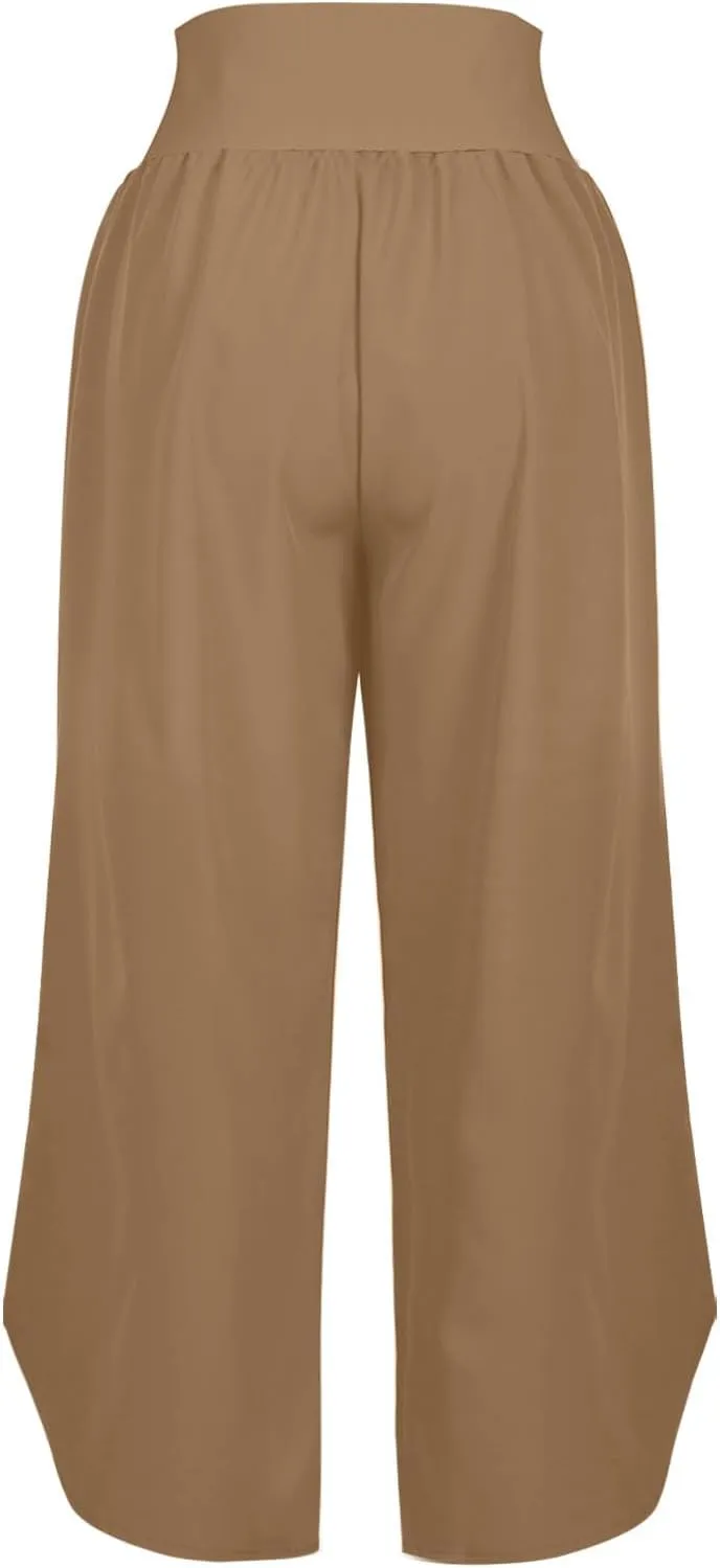 High Waist Capri Pants for Women Wide Leg Flowy Cropped Trousers Slim Fit Slit Hem Capris Casual Summer Crop