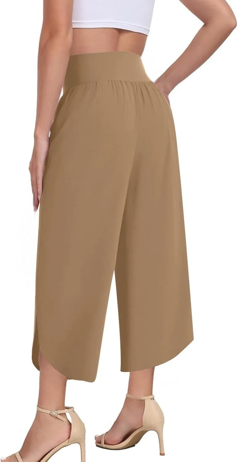 High Waist Capri Pants for Women Wide Leg Flowy Cropped Trousers Slim Fit Slit Hem Capris Casual Summer Crop