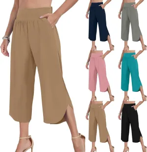 High Waist Capri Pants for Women Wide Leg Flowy Cropped Trousers Slim Fit Slit Hem Capris Casual Summer Crop